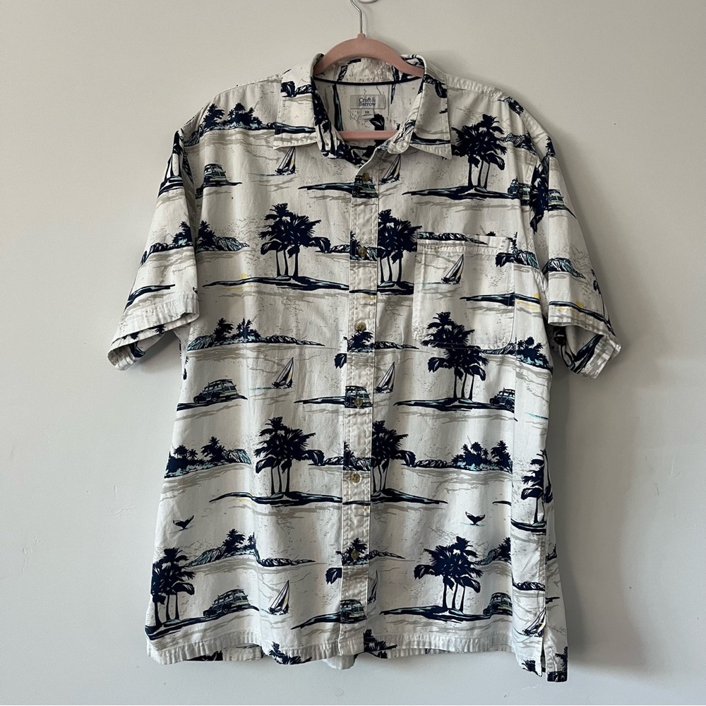 Croft And Barrow XXL Button Up Shirt Hawaiian Palms, Wagon, Fish Tail Prints